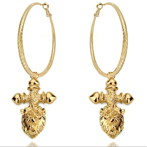 24k Gold Lion Cross Hoop Earrings - Picture 3 of 9